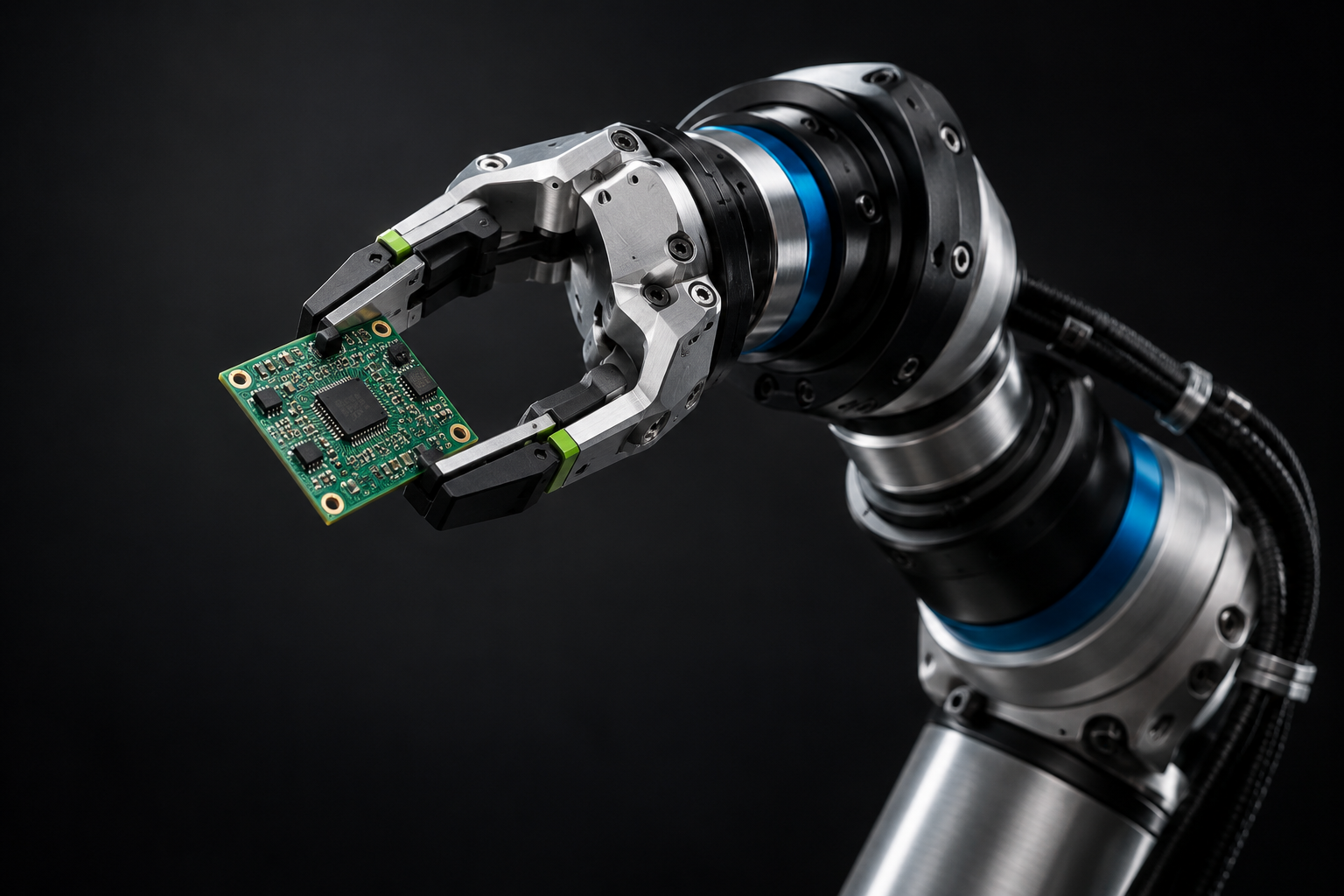 Koncepcyjna wizualizacja chwytaka robotycznego z płytką elektroniczną